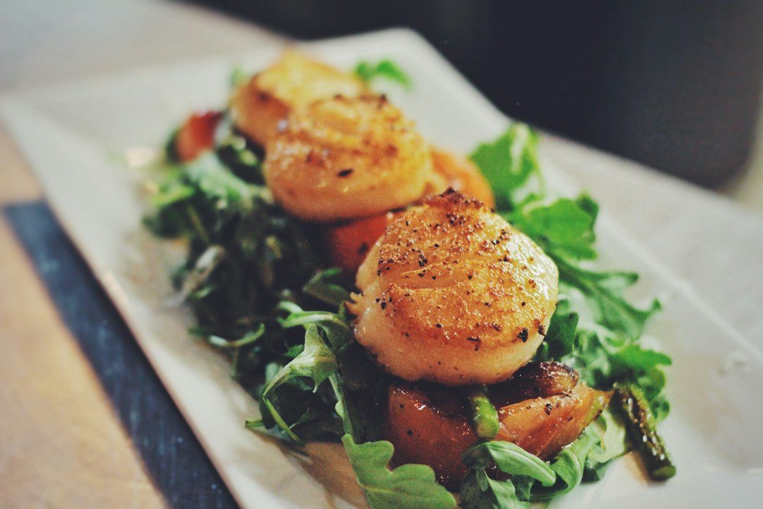Skillet Seared Scallops with Corn, Tomatoes and Arugula